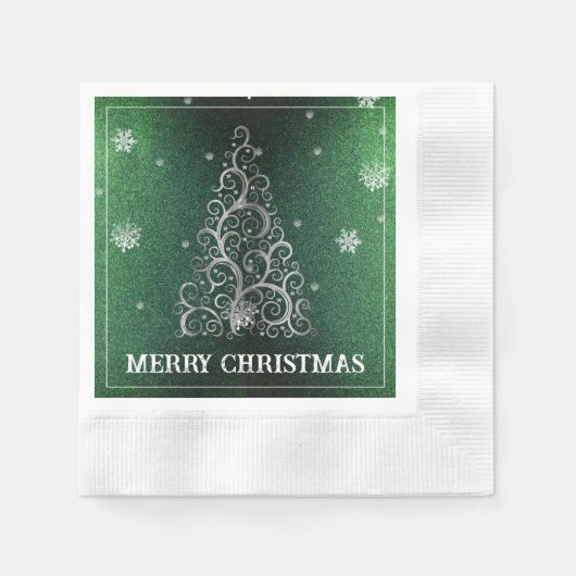 Weihnachtsbaum Glitzer und Schneeflocken | Grün Serviette (Vorderseite)