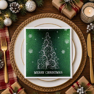 Weihnachtsbaum Glitzer und Schneeflocken   Grün Serviette