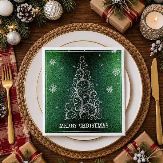 Weihnachtsbaum Glitzer und Schneeflocken | Grün Serviette