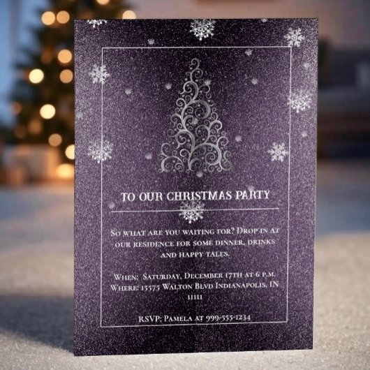 Weihnachtsbaum Glitzer und Schneeflocken | LILA Einladung