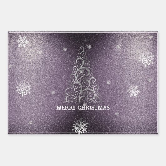 Weihnachtsbaum Glitzer und Schneeflocken | LILA Geschenkpapier Set (Vorderseite)