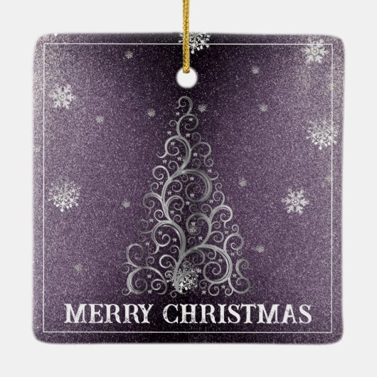 Weihnachtsbaum Glitzer und Schneeflocken | LILA Keramikornament (Rückseite)