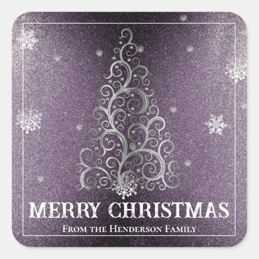 Weihnachtsbaum Glitzer und Schneeflocken | LILA Quadratischer Aufkleber (Vorderseite)