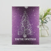 Weihnachtsbaum Glitzer und Schneeflocken | Magenta Einladung (Stehend Vorderseite)