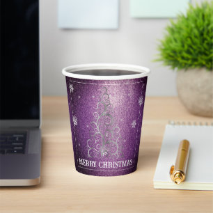 Weihnachtsbaum Glitzer und Schneeflocken Magenta Pappbecher