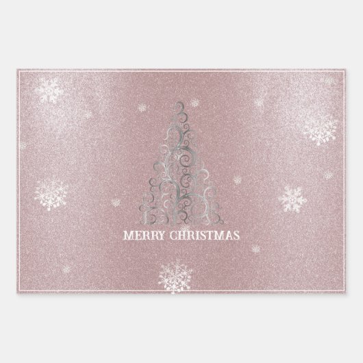 Weihnachtsbaum Glitzer und Schneeflocken | Rosa Geschenkpapier Set (Vorderseite)
