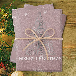 Weihnachtsbaum Glitzer und Schneeflocken   Rosa Geschenkpapier Set
