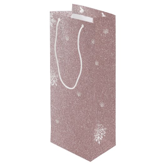 Weihnachtsbaum Glitzer und Schneeflocken | Rosa Geschenktüte Für Weinflaschen (Rückseite Schrägansicht)