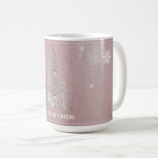 Weihnachtsbaum Glitzer und Schneeflocken | Rosa Kaffeetasse (VorderseiteRechts)