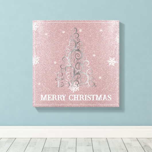 Weihnachtsbaum Glitzer und Schneeflocken | Rosa Leinwanddruck (Insitu (Holzboden))