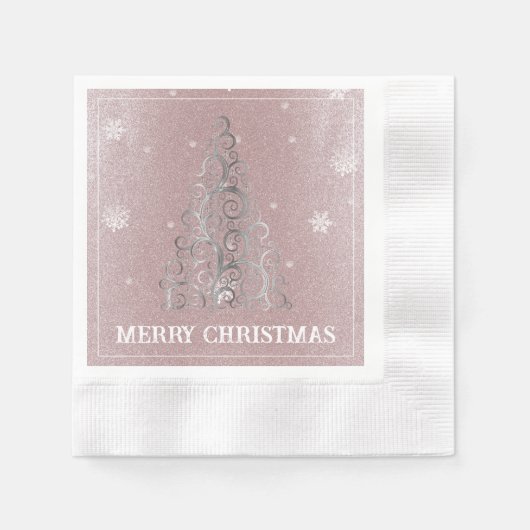 Weihnachtsbaum Glitzer und Schneeflocken | Rosa Serviette (Vorderseite)