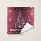 Weihnachtsbaum Glitzer und Schneeflocken | Rot Badhandtuch Set (Waschlappen)