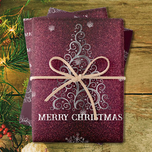 Weihnachtsbaum Glitzer und Schneeflocken Rot Geschenkpapier Set