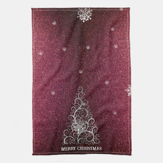 Weihnachtsbaum Glitzer und Schneeflocken | Rot Geschirrtuch (Vertikal)