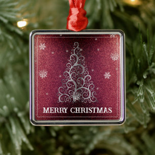 Weihnachtsbaum Glitzer und Schneeflocken Rot Ornament Aus Metall