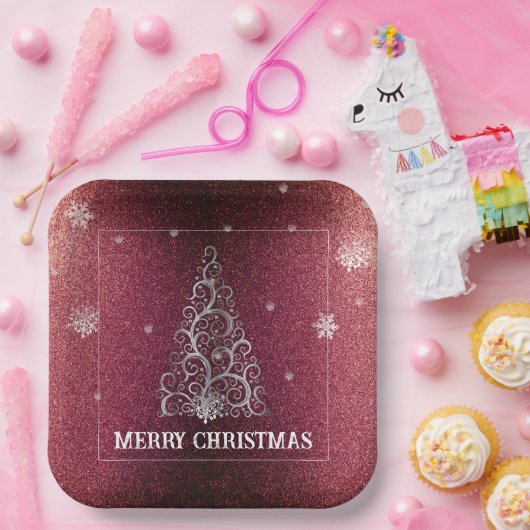 Weihnachtsbaum Glitzer und Schneeflocken | Rot Pappteller (Party)