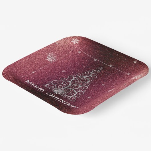 Weihnachtsbaum Glitzer und Schneeflocken | Rot Pappteller (Gewinkelt)