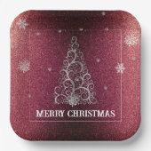 Weihnachtsbaum Glitzer und Schneeflocken | Rot Pappteller (Vorderseite)