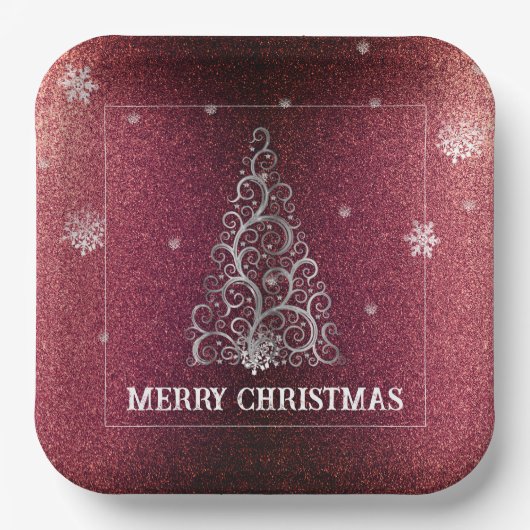 Weihnachtsbaum Glitzer und Schneeflocken | Rot Pappteller (Vorderseite)