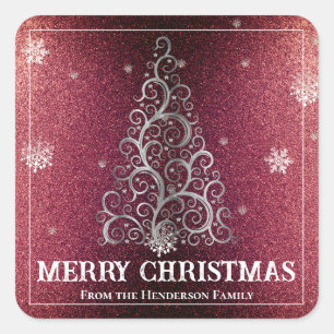 Weihnachtsbaum Glitzer und Schneeflocken Rot Quadratischer Aufkleber
