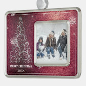 Weihnachtsbaum Glitzer und Schneeflocken | Rot Rahmen-Ornament Silber (Links)