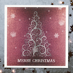 Weihnachtsbaum Glitzer und Schneeflocken   Rot Serviette
