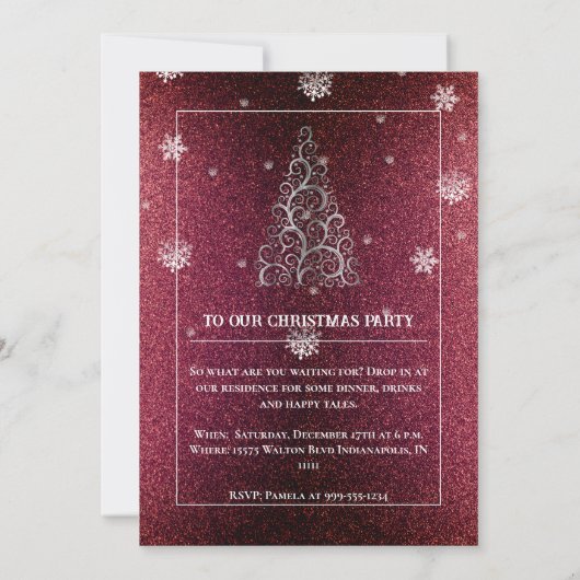 Weihnachtsbaum Glitzer und Schneeflocken | Rotes P Einladung (Rückseite)