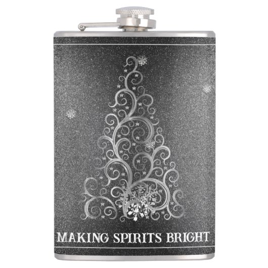 Weihnachtsbaum Glitzer und Schneeflocken | Silber Flachmann (Vorderseite)