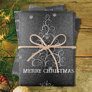 Weihnachtsbaum Glitzer und Schneeflocken   Silber Geschenkpapier Set