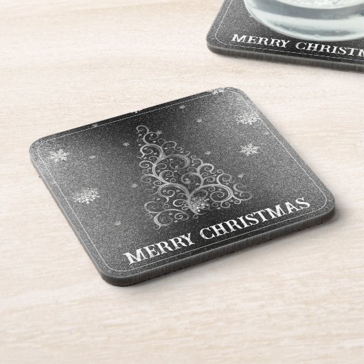 Weihnachtsbaum Glitzer und Schneeflocken | Silber Getränkeuntersetzer (Linke Seite)