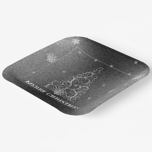 Weihnachtsbaum Glitzer und Schneeflocken | Silber Pappteller (Gewinkelt)