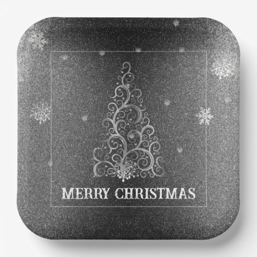 Weihnachtsbaum Glitzer und Schneeflocken | Silber Pappteller (Vorderseite)