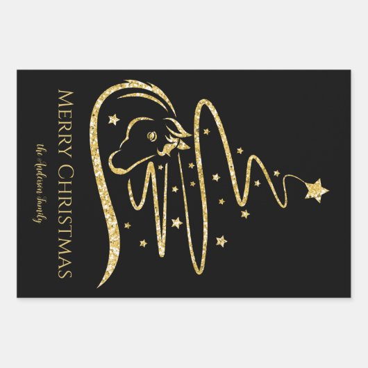 Weihnachtsbaum Gold Glitzer Reittiere Geschenkpapier Set (Vorderseite)