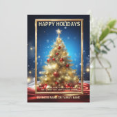 Weihnachtsbaum, goldblaues Foto qr Feiertagskarte (Stehend Vorderseite)