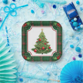 Weihnachtsbaum Grün Kariert mit Holly Pappteller (Party)