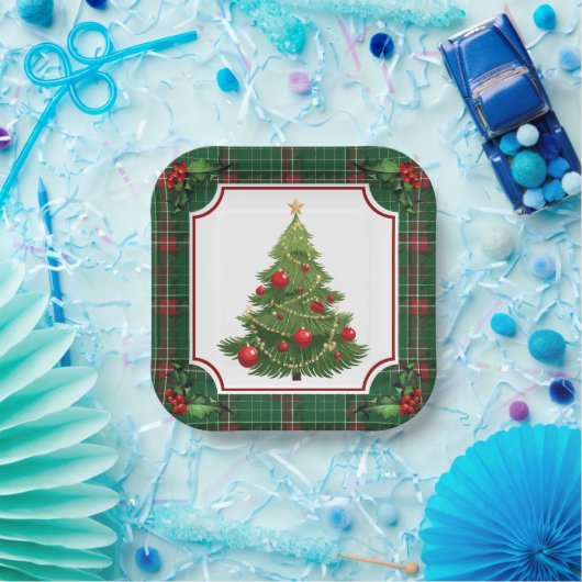 Weihnachtsbaum Grün Kariert mit Holly Pappteller (Party)