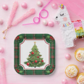 Weihnachtsbaum Grün Kariert mit Holly Pappteller (Party)