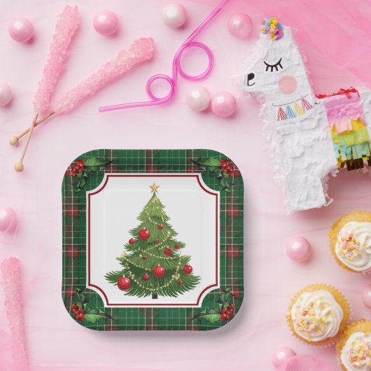 Weihnachtsbaum Grün Kariert mit Holly Pappteller (Party)