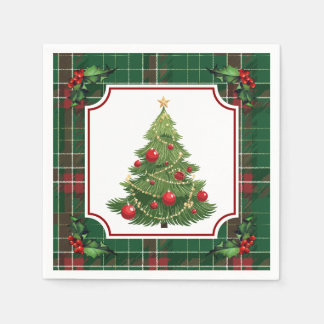 Weihnachtsbaum Grün Kariert mit Stechpalme Serviette