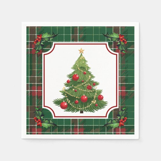 Weihnachtsbaum Grün Kariert mit Stechpalme Serviette (Vorderseite)