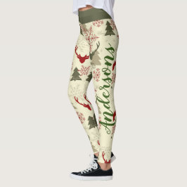 Weihnachtsbaum Hirsch Grün rotes Muster Name Festi Leggings