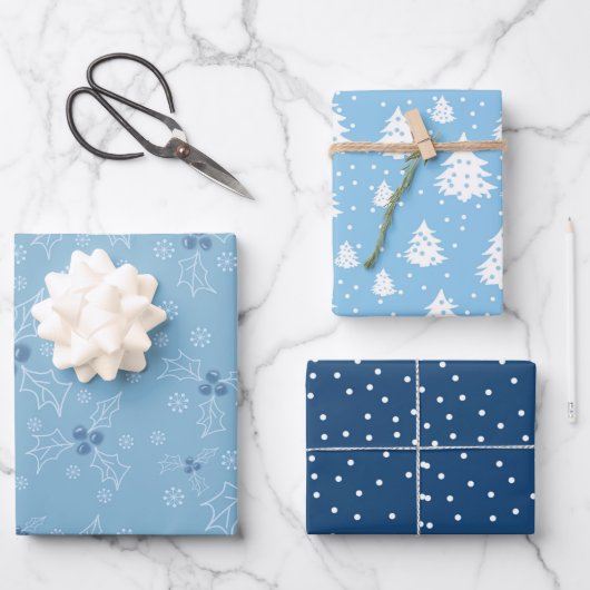 Weihnachtsbaum Holly Blue White Muster Geschenkpapier Set (Vorderseite)