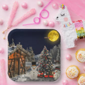 Weihnachtsbaum Holz Hütte Schneemann Vollmond Pappteller (Party)