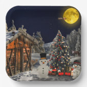 Weihnachtsbaum Holz Hütte Schneemann Vollmond Pappteller (Vorderseite)