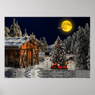 Weihnachtsbaum Holz Hütte Schneemann Vollmond Poster