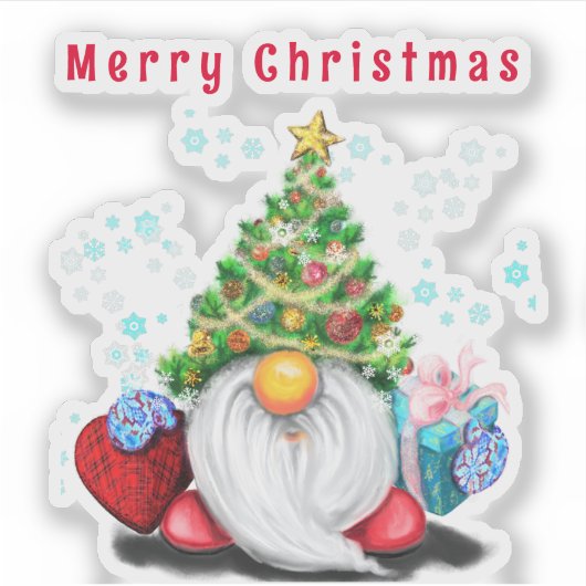 Weihnachtsbaum-Hut-Gnome mit Geschenksticker Aufkleber (Vorderseite)