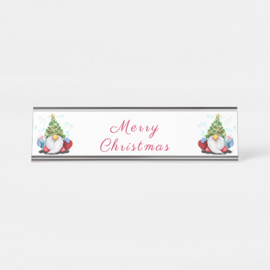 Weihnachtsbaum-Hut-Gnome mit Geschenktafel-Namenss Schreibtischnamensplakette (Vorderseite )