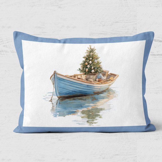 Weihnachtsbaum im Ruderboot Urlaub Dekokissen (Christmas Tree Row Boat Coastal Christmas Pillow)