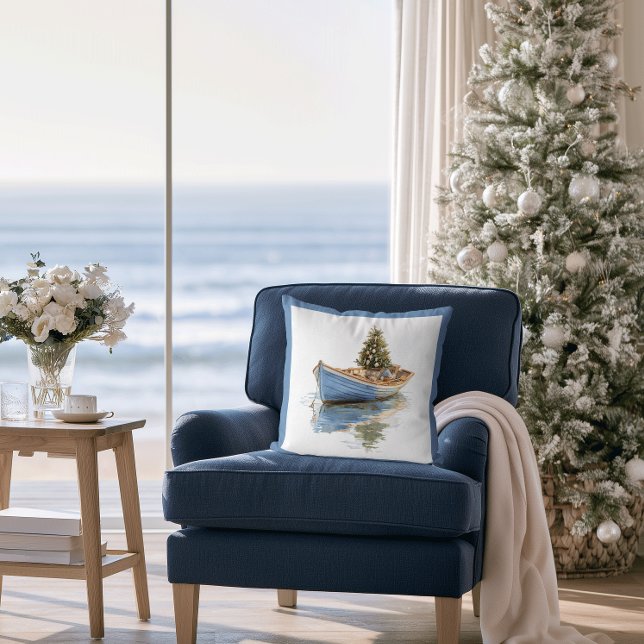 Weihnachtsbaum im Ruderboot Urlaub Kissen (Coastal Christmas Row Boat Pillow)