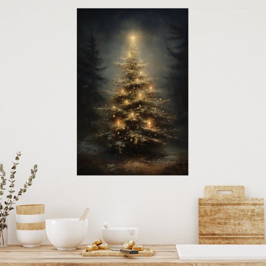 Weihnachtsbaum im Wald nachts dekoriert Poster (Küche)